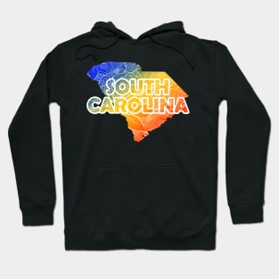 Colorful mandala art map of South Carolina with text in blue, yellow, and red Hoodie